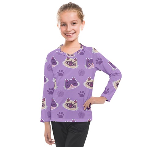 Cute Colorful Cat Kitten With Paw Yarn Ball Seamless Pattern Kids  Long Mesh Tee by Vaneshart