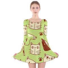 Cute Hand Drawn Cat Seamless Pattern Long Sleeve Velvet Skater Dress by Vaneshart