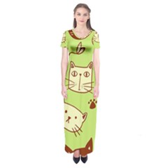 Cute Hand Drawn Cat Seamless Pattern Short Sleeve Maxi Dress