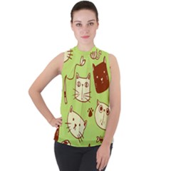 Cute Hand Drawn Cat Seamless Pattern Mock Neck Chiffon Sleeveless Top by Vaneshart