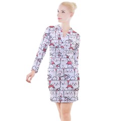 Cute Cat Chef Cooking Seamless Pattern Cartoon Button Long Sleeve Dress