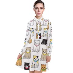 Cat Kitten Seamless Pattern Long Sleeve Chiffon Shirt Dress