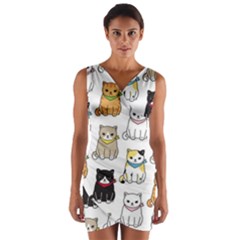 Cat Kitten Seamless Pattern Wrap Front Bodycon Dress