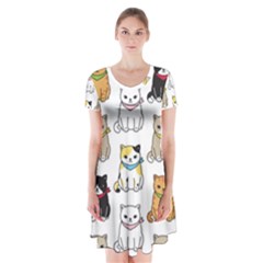 Cat Kitten Seamless Pattern Short Sleeve V-neck Flare Dress