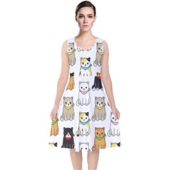 Cat Kitten Seamless Pattern V-Neck Midi Sleeveless Dress 