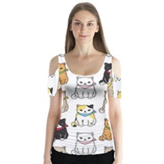 Cat Kitten Seamless Pattern Butterfly Sleeve Cutout Tee 