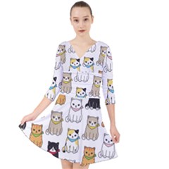 Cat Kitten Seamless Pattern Quarter Sleeve Front Wrap Dress