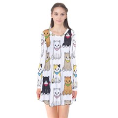 Cat Kitten Seamless Pattern Long Sleeve V-neck Flare Dress