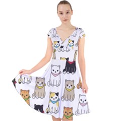 Cat Kitten Seamless Pattern Cap Sleeve Front Wrap Midi Dress