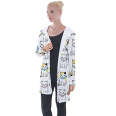 Cat Kitten Seamless Pattern Longline Hooded Cardigan