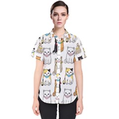 Cat Kitten Seamless Pattern Women s Short Sleeve Shirt