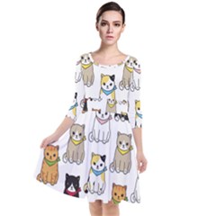 Cat Kitten Seamless Pattern Quarter Sleeve Waist Band Dress
