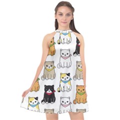 Cat Kitten Seamless Pattern Halter Neckline Chiffon Dress 