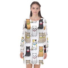 Cat Kitten Seamless Pattern Long Sleeve Chiffon Shift Dress 