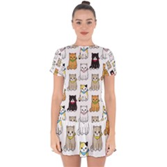 Cat Kitten Seamless Pattern Drop Hem Mini Chiffon Dress