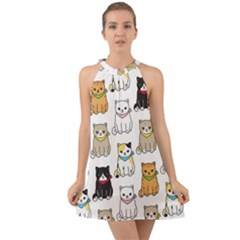 Cat Kitten Seamless Pattern Halter Tie Back Chiffon Dress