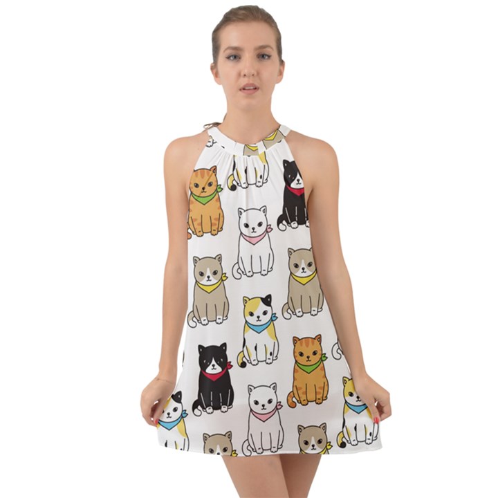 Cat Kitten Seamless Pattern Halter Tie Back Chiffon Dress