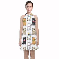Cat Kitten Seamless Pattern Velvet Halter Neckline Dress 