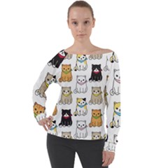 Cat Kitten Seamless Pattern Off Shoulder Long Sleeve Velour Top