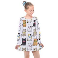 Cat Kitten Seamless Pattern Kids  Long Sleeve Dress