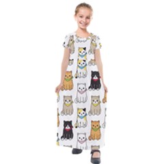 Cat Kitten Seamless Pattern Kids  Short Sleeve Maxi Dress