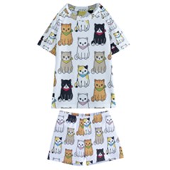 Cat Kitten Seamless Pattern Kids  Swim Tee and Shorts Set