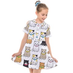 Cat Kitten Seamless Pattern Kids  Short Sleeve Shirt Dress