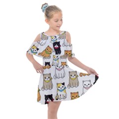 Cat Kitten Seamless Pattern Kids  Shoulder Cutout Chiffon Dress