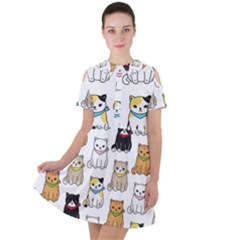 Cat Kitten Seamless Pattern Short Sleeve Shoulder Cut Out Dress 