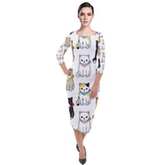 Cat Kitten Seamless Pattern Quarter Sleeve Midi Velour Bodycon Dress