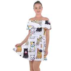 Cat Kitten Seamless Pattern Off Shoulder Velour Dress