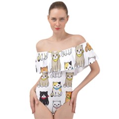 Cat Kitten Seamless Pattern Off Shoulder Velour Bodysuit 