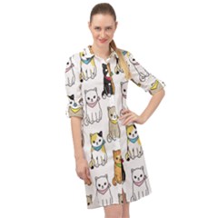 Cat Kitten Seamless Pattern Long Sleeve Mini Shirt Dress