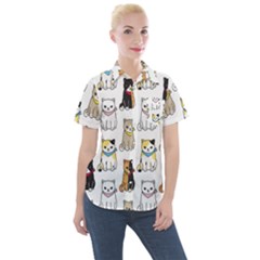 Cat Kitten Seamless Pattern Women s Short Sleeve Pocket Shirt