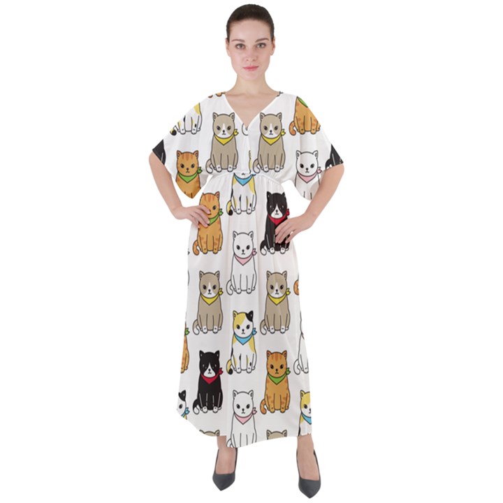 Cat Kitten Seamless Pattern V-Neck Boho Style Maxi Dress