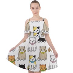 Cat Kitten Seamless Pattern Cut Out Shoulders Chiffon Dress