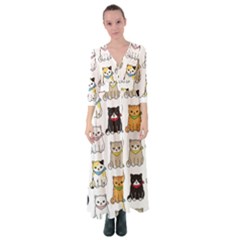Cat Kitten Seamless Pattern Button Up Maxi Dress