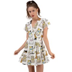 Cat Kitten Seamless Pattern Flutter Sleeve Wrap Dress