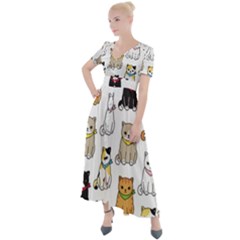 Cat Kitten Seamless Pattern Button Up Short Sleeve Maxi Dress