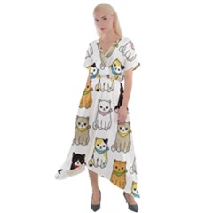 Cat Kitten Seamless Pattern Cross Front Sharkbite Hem Maxi Dress