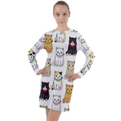 Cat Kitten Seamless Pattern Long Sleeve Hoodie Dress