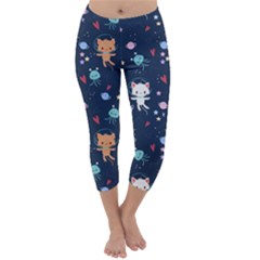 Cute Astronaut Cat With Star Galaxy Elements Seamless Pattern Capri Winter Leggings  by Vaneshart