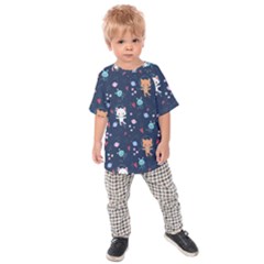 Cute Astronaut Cat With Star Galaxy Elements Seamless Pattern Kids  Raglan Tee