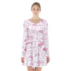 Cute Girly Seamless Pattern Long Sleeve Velvet V-neck Dress