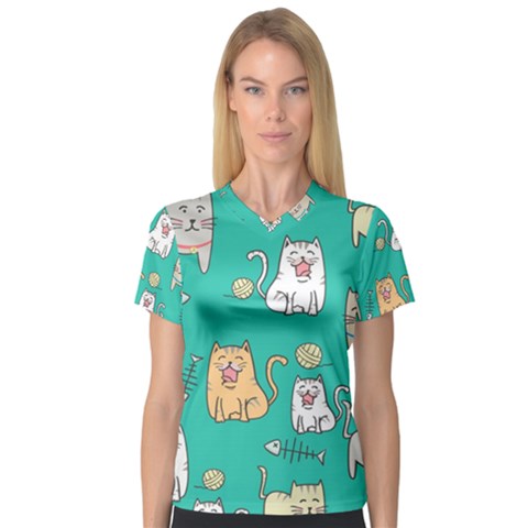 Seamless Pattern Cute Cat Cartoon With Hand Drawn Style V-neck Sport Mesh Tee by Vaneshart