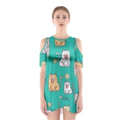 Seamless Pattern Cute Cat Cartoon With Hand Drawn Style Shoulder Cutout One Piece Dress by Vaneshart