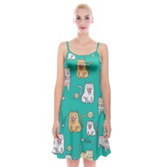 Seamless Pattern Cute Cat Cartoon With Hand Drawn Style Spaghetti Strap Velvet Dress