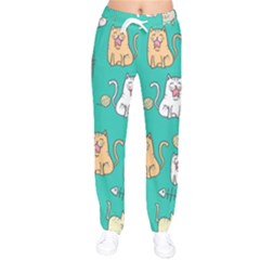 Seamless Pattern Cute Cat Cartoon With Hand Drawn Style Women Velvet Drawstring Pants by Vaneshart