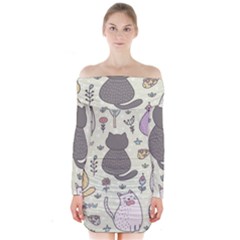 Funny Cartoon Cats Seamless Pattern  Long Sleeve Off Shoulder Dress