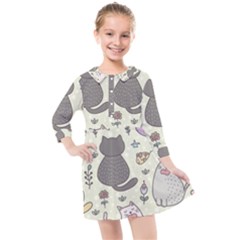 Funny Cartoon Cats Seamless Pattern  Kids  Quarter Sleeve Shirt Dress